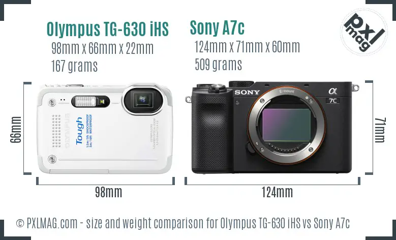 Olympus TG-630 iHS vs Sony A7c size comparison