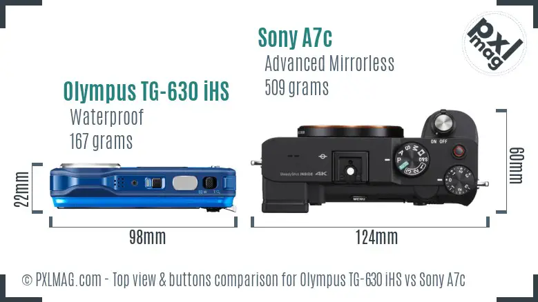 Olympus TG-630 iHS vs Sony A7c top view buttons comparison