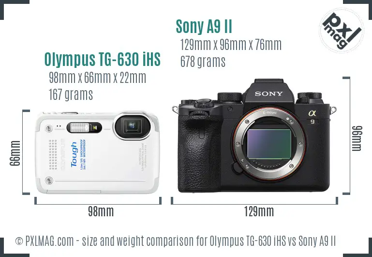 Olympus TG-630 iHS vs Sony A9 II size comparison