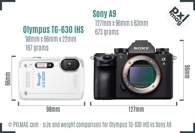 Olympus TG-630 iHS vs Sony A9 size comparison