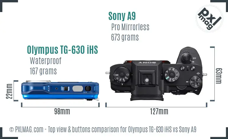 Olympus TG-630 iHS vs Sony A9 top view buttons comparison