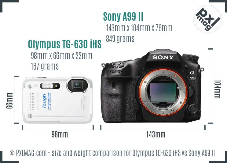 Olympus TG-630 iHS vs Sony A99 II size comparison