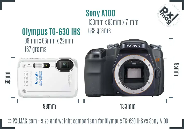 Olympus TG-630 iHS vs Sony A100 size comparison