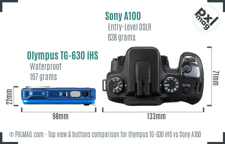 Olympus TG-630 iHS vs Sony A100 top view buttons comparison