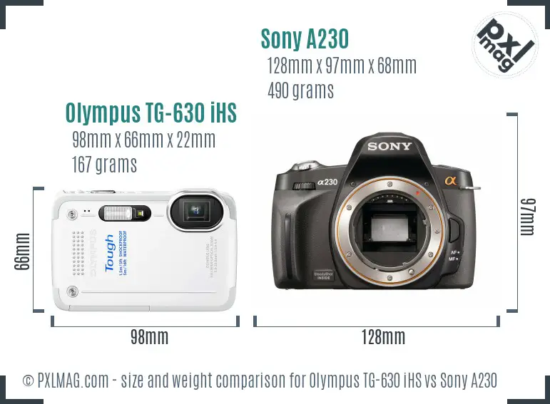 Olympus TG-630 iHS vs Sony A230 size comparison