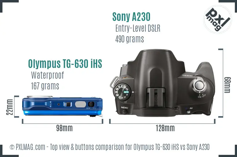 Olympus TG-630 iHS vs Sony A230 top view buttons comparison