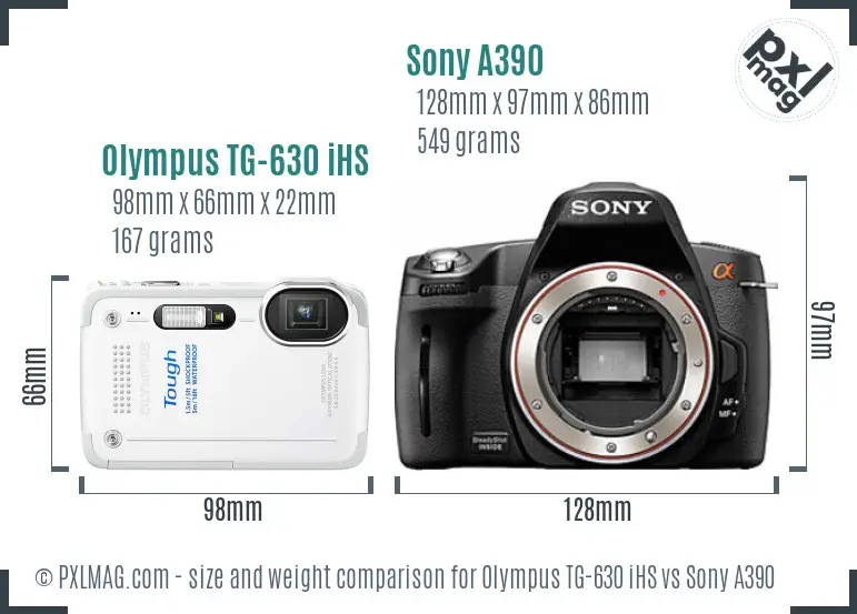Olympus TG-630 iHS vs Sony A390 size comparison