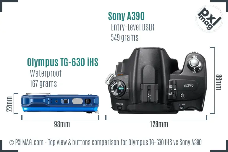 Olympus TG-630 iHS vs Sony A390 top view buttons comparison