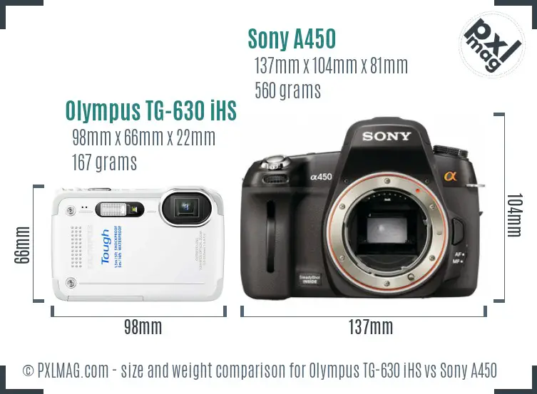 Olympus TG-630 iHS vs Sony A450 size comparison