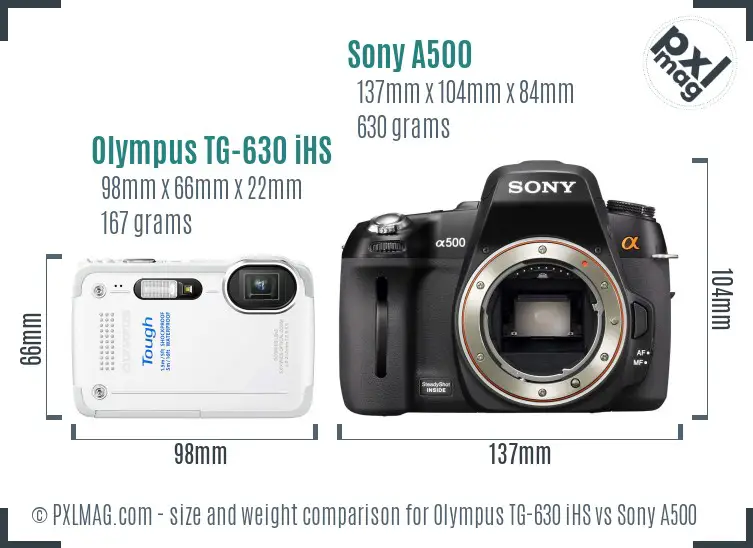 Olympus TG-630 iHS vs Sony A500 size comparison