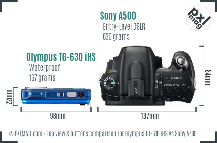 Olympus TG-630 iHS vs Sony A500 top view buttons comparison
