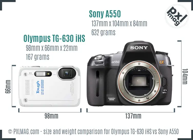 Olympus TG-630 iHS vs Sony A550 size comparison