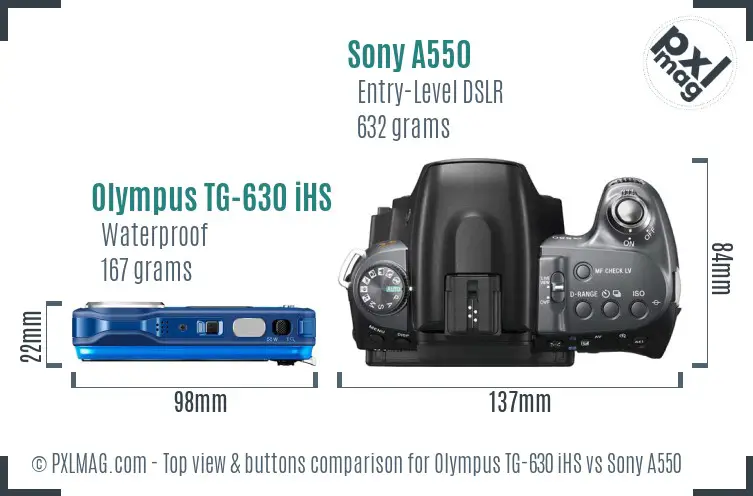 Olympus TG-630 iHS vs Sony A550 top view buttons comparison