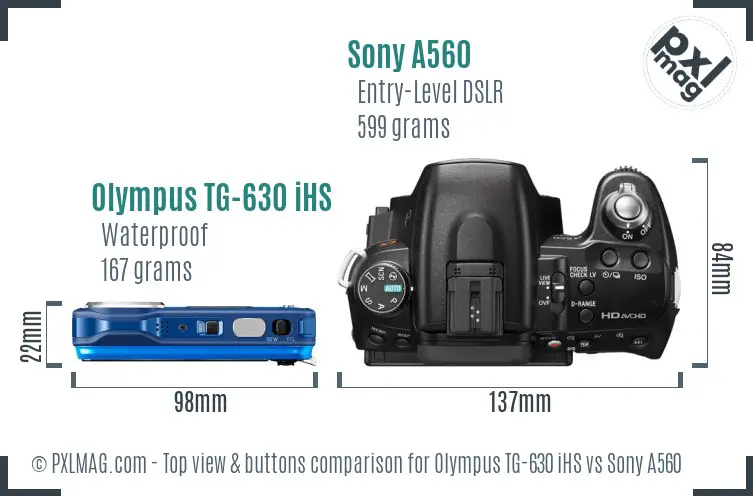 Olympus TG-630 iHS vs Sony A560 top view buttons comparison