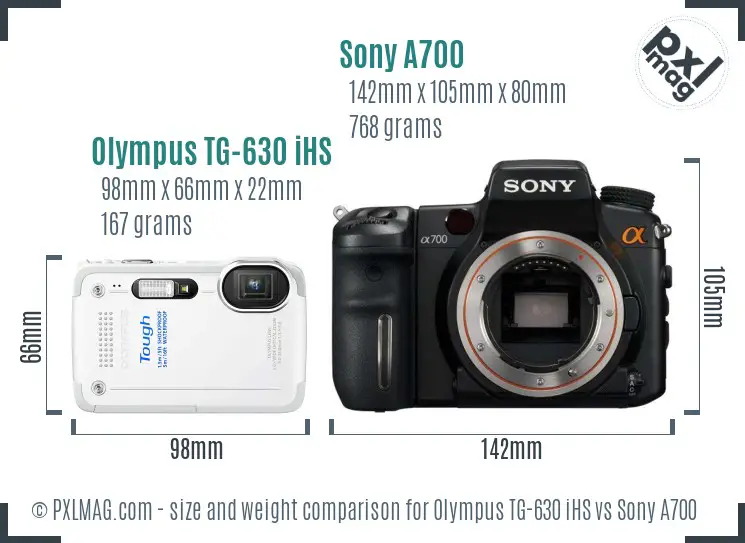 Olympus TG-630 iHS vs Sony A700 size comparison