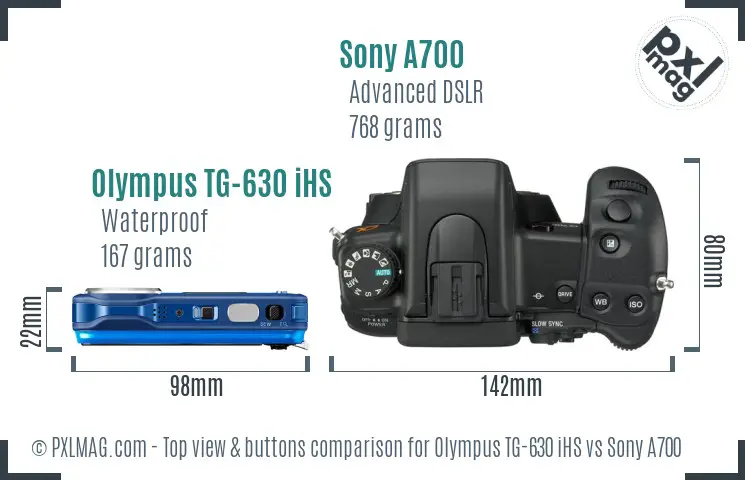 Olympus TG-630 iHS vs Sony A700 top view buttons comparison