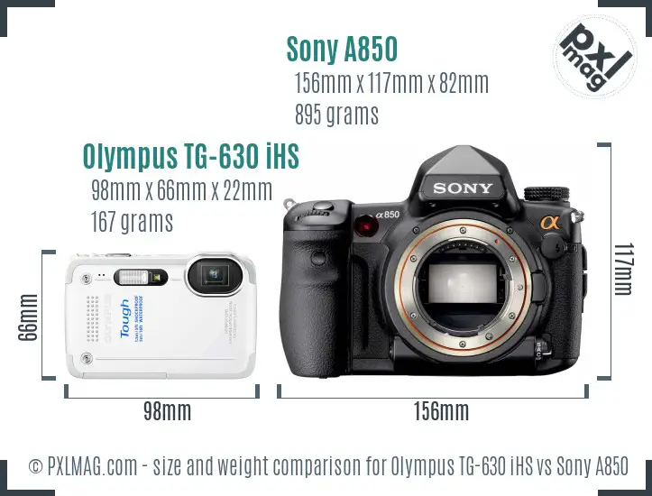 Olympus TG-630 iHS vs Sony A850 size comparison