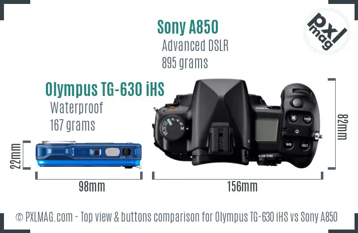 Olympus TG-630 iHS vs Sony A850 top view buttons comparison