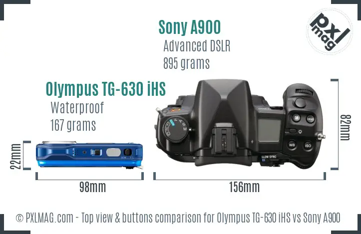 Olympus TG-630 iHS vs Sony A900 top view buttons comparison