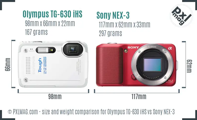 Olympus TG-630 iHS vs Sony NEX-3 size comparison
