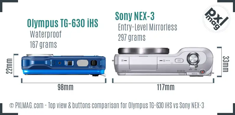 Olympus TG-630 iHS vs Sony NEX-3 top view buttons comparison