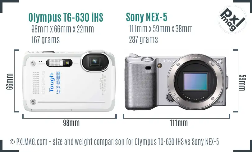 Olympus TG-630 iHS vs Sony NEX-5 size comparison
