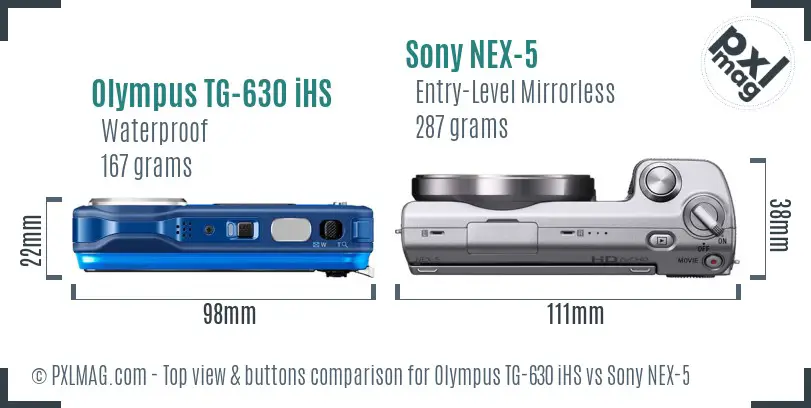 Olympus TG-630 iHS vs Sony NEX-5 top view buttons comparison