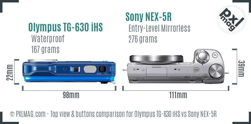 Olympus TG-630 iHS vs Sony NEX-5R top view buttons comparison