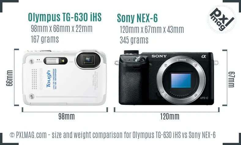 Olympus TG-630 iHS vs Sony NEX-6 size comparison