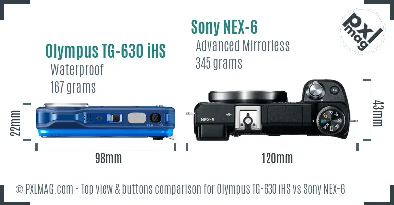 Olympus TG-630 iHS vs Sony NEX-6 top view buttons comparison