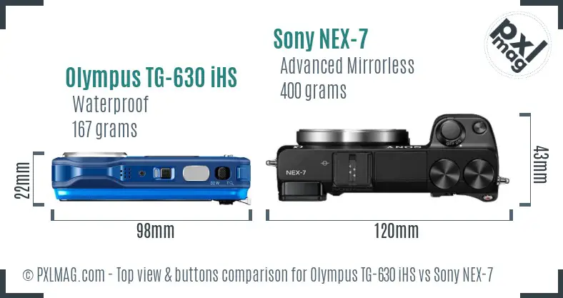 Olympus TG-630 iHS vs Sony NEX-7 top view buttons comparison