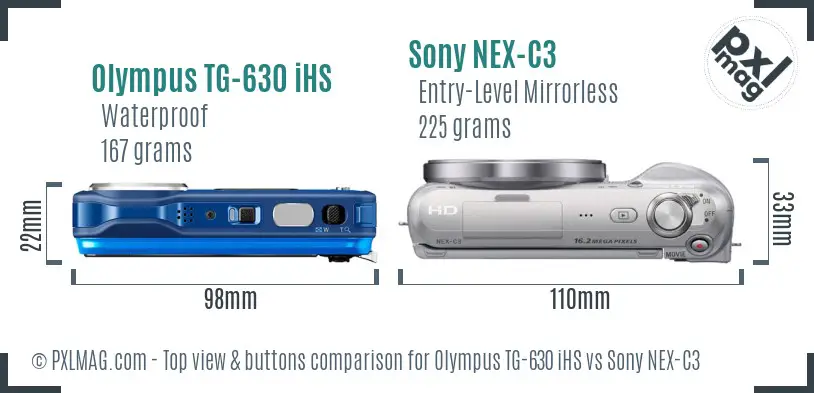 Olympus TG-630 iHS vs Sony NEX-C3 top view buttons comparison