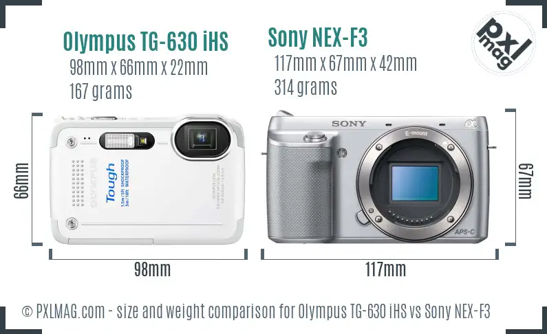 Olympus TG-630 iHS vs Sony NEX-F3 size comparison