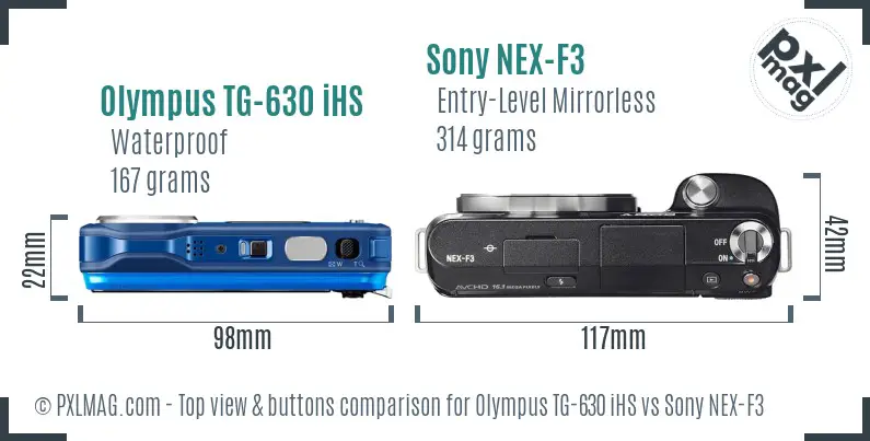 Olympus TG-630 iHS vs Sony NEX-F3 top view buttons comparison