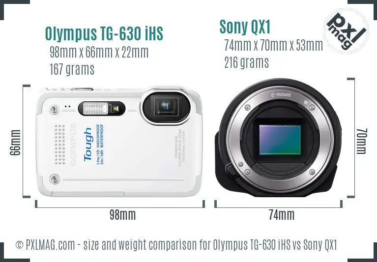 Olympus TG-630 iHS vs Sony QX1 size comparison