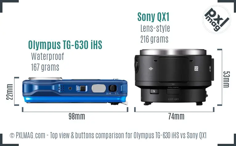 Olympus TG-630 iHS vs Sony QX1 top view buttons comparison