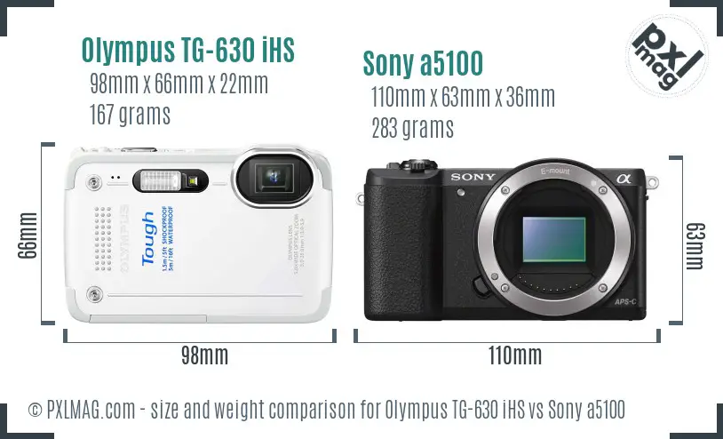 Olympus TG-630 iHS vs Sony a5100 size comparison