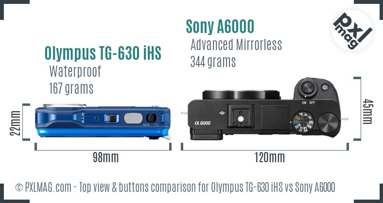 Olympus TG-630 iHS vs Sony A6000 top view buttons comparison