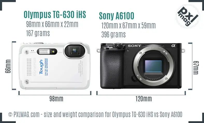 Olympus TG-630 iHS vs Sony A6100 size comparison