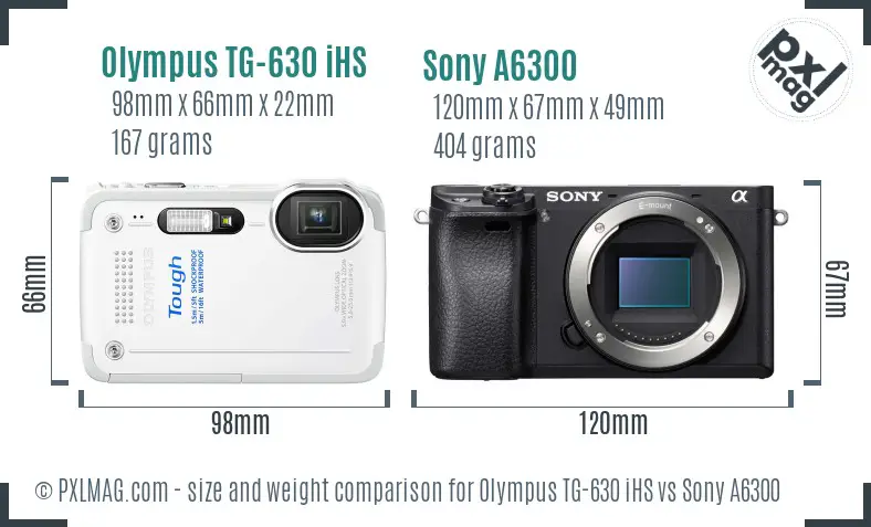Olympus TG-630 iHS vs Sony A6300 size comparison