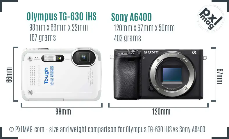 Olympus TG-630 iHS vs Sony A6400 size comparison