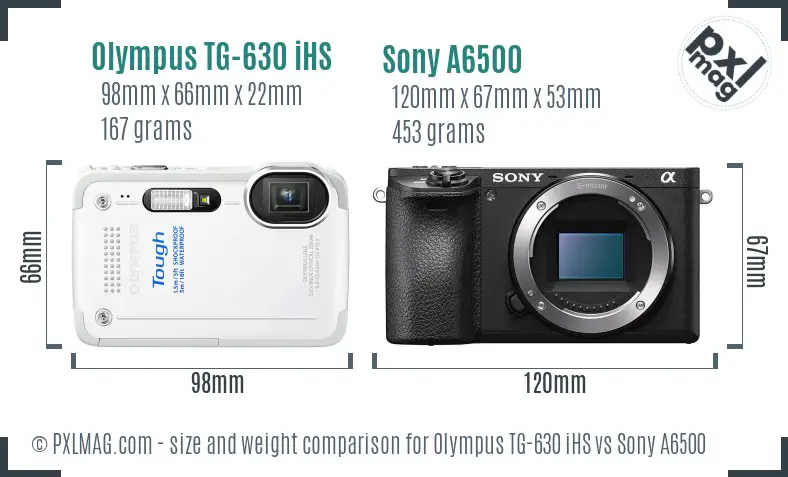 Olympus TG-630 iHS vs Sony A6500 size comparison