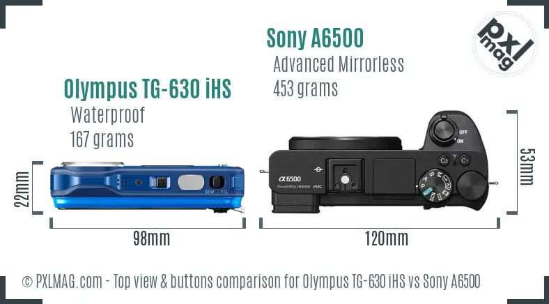 Olympus TG-630 iHS vs Sony A6500 top view buttons comparison