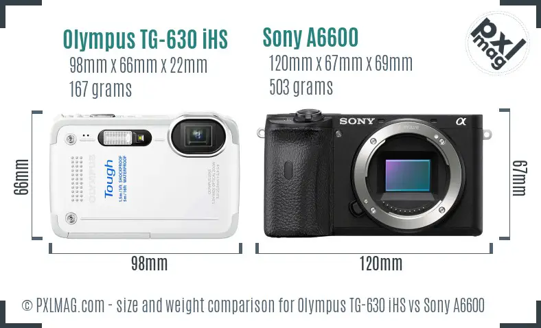 Olympus TG-630 iHS vs Sony A6600 size comparison