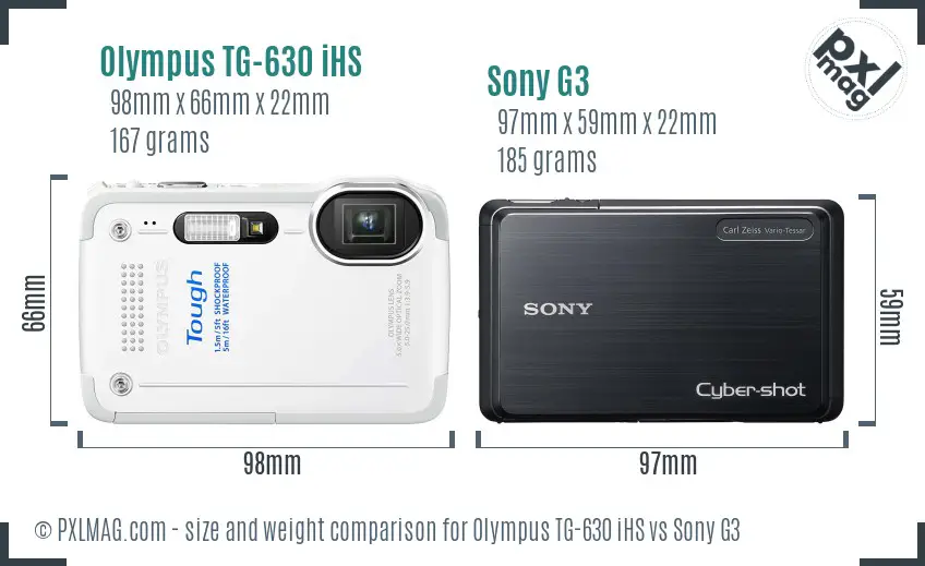 Olympus TG-630 iHS vs Sony G3 size comparison