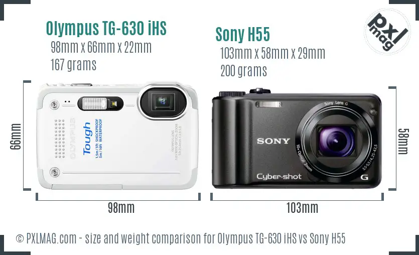 Olympus TG-630 iHS vs Sony H55 size comparison