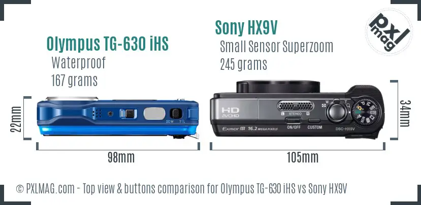 Olympus TG-630 iHS vs Sony HX9V top view buttons comparison