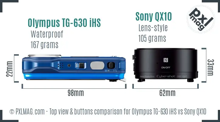 Olympus TG-630 iHS vs Sony QX10 top view buttons comparison