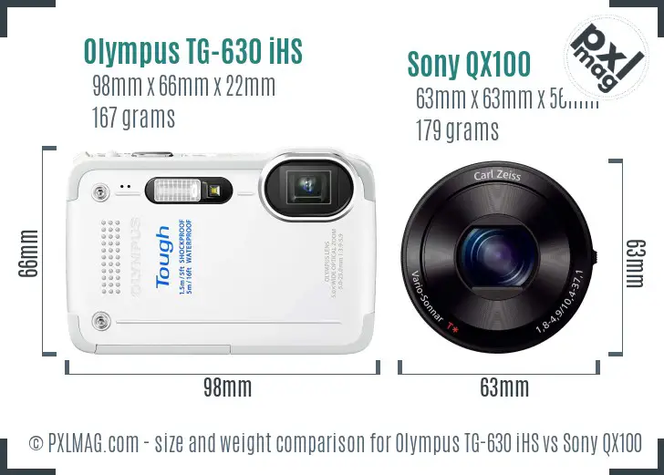 Olympus TG-630 iHS vs Sony QX100 size comparison