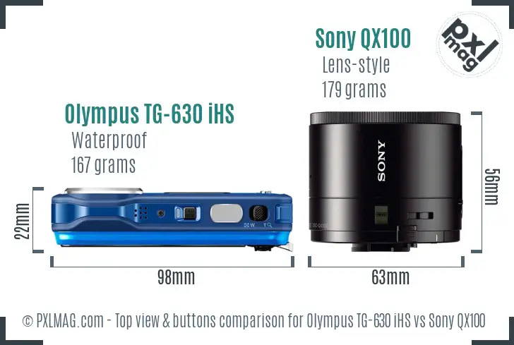 Olympus TG-630 iHS vs Sony QX100 top view buttons comparison